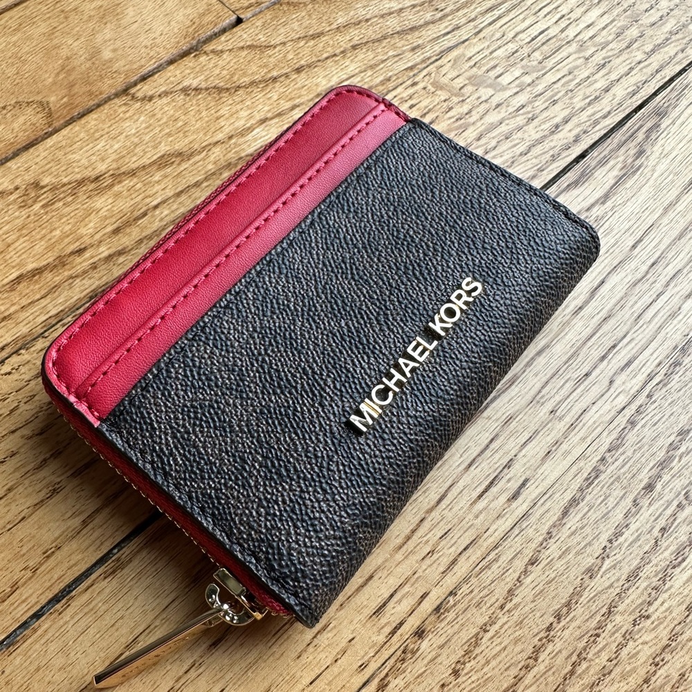 Michael Kors Jet Set Travel Zip Around Card Case Wallet - Brown MK Flame Red
